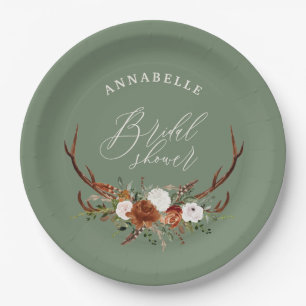 Stag rustic sage green botanical bridal shower pap paper plate