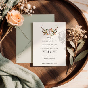 Stag sage green floral rustic elegant modern invitation