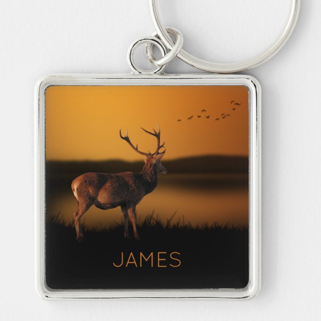 Stag Sunrise Misty Morning Deer Personalized Keychain (Front)