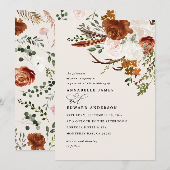 Stag terracotta floral rustic elegant modern invitation (Front/Back)