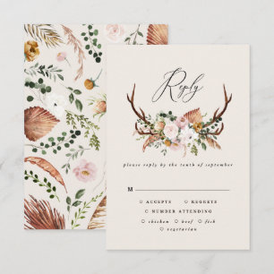 Stag terracotta pink floral rustic elegant wedding RSVP card