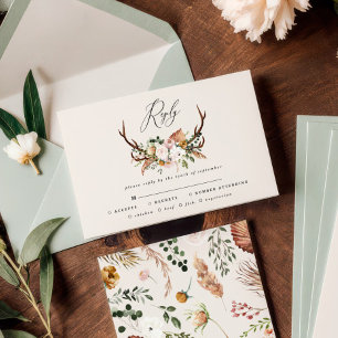 Stag terracotta pink floral rustic elegant wedding RSVP card