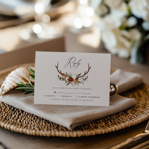 Stag terracotta pink floral rustic elegant wedding RSVP card