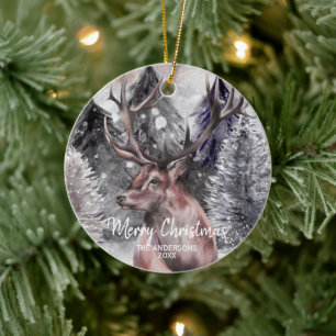 Stag Watercolor Deer in Forest Christmas Ornament