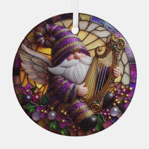 Stain Glass Angel Gnome Playing Harp Ornament