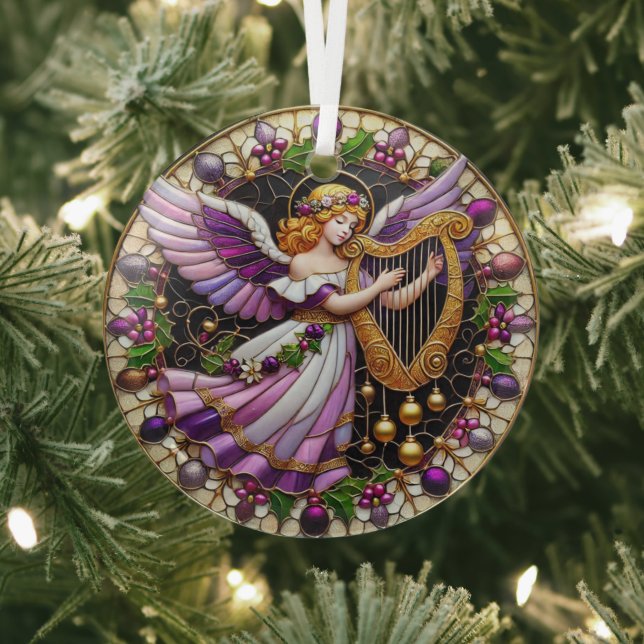 Stain Glass Angel playing a harp Glass Ornament (Insitu)
