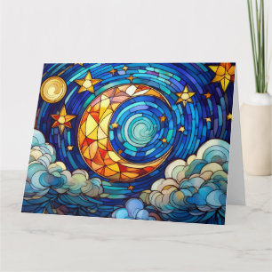 Stain glass art moon and stars card