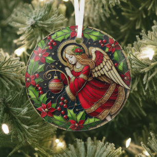 Stain Glass Christmas Angel and Poinsettias Glass Ornament