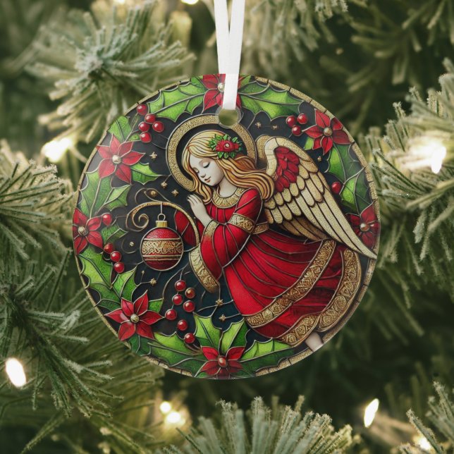 Stain Glass Christmas Angel and Poinsettias Glass Ornament (Insitu)