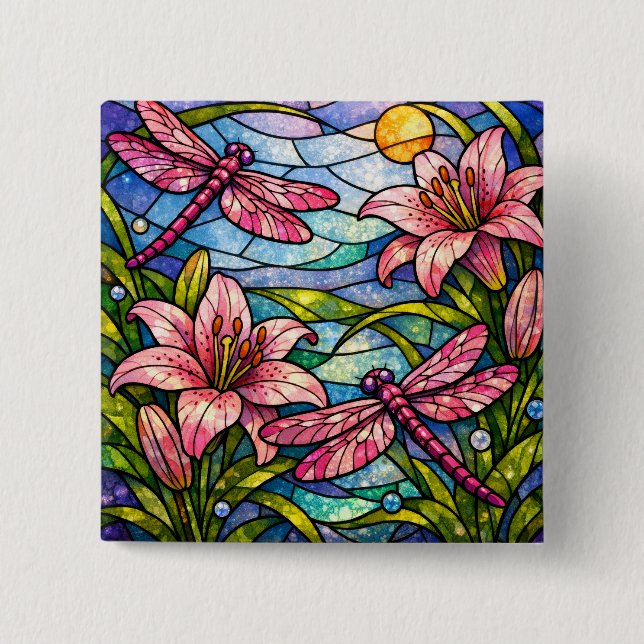 Stain Glass Lilies and Dragonflies Pink 2 Inch Square Button (Front)