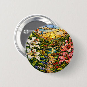 Stain Glass Lilies and Sunshine 2 Inch Round Button