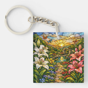 Stain Glass Lilies and Sunshine Keychain