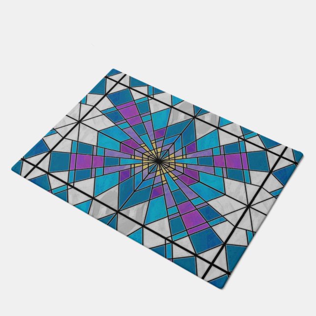 Stain Glass Ray Blue and Purple Doormat (Angled)