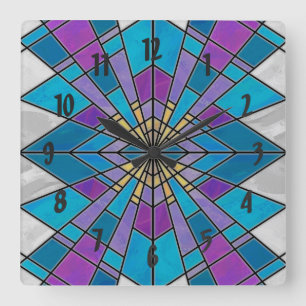Stain Glass Ray Blue and Purple Square Wall Clock