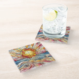 Stain Glass Sunset Ocean  Glass Coaster