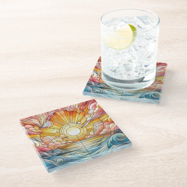 Stain Glass Warm Sunset  Glass Coaster (Angled)