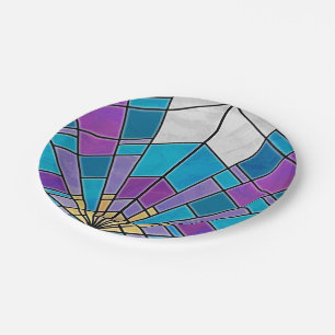 Stain Glass with Blue and Purple Angle Pattern Paper Plate