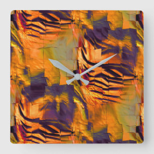 Stained abstract mosaic drawing, rustic burnt gold square wall clock