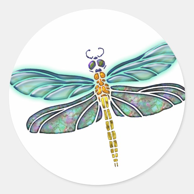 Stained Glass & Abalone Shell Dragonfly Classic Round Sticker (Front)