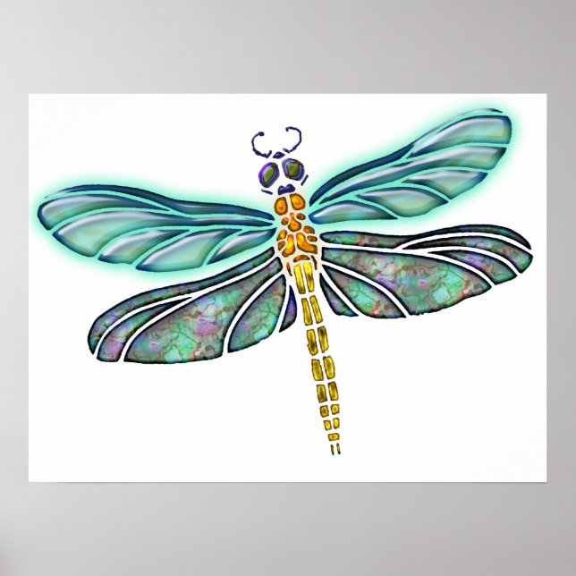 Stained Glass & Abalone Shell Dragonfly Poster (Front)