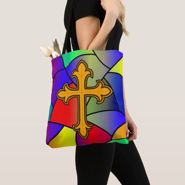 Stained Glass and Cross Religious Tote Bag (Close Up)