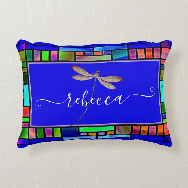 Stained glass and dragonfly personalized  accent pillow (Front)