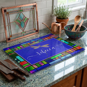 Stained glass and dragonfly personalized cutting board