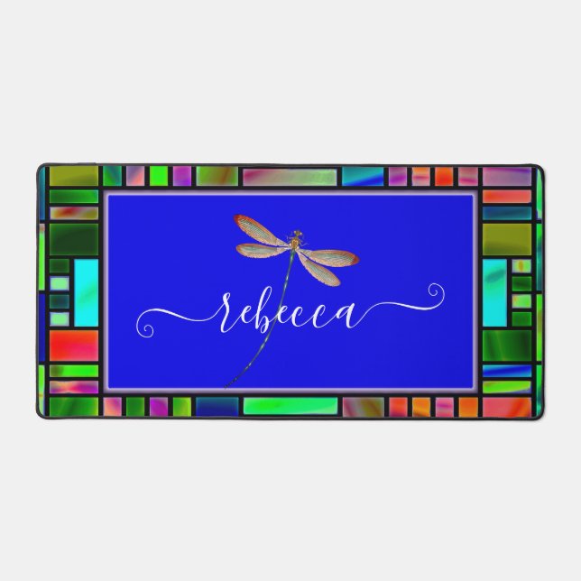 Stained glass and dragonfly personalized   desk mat (Front)