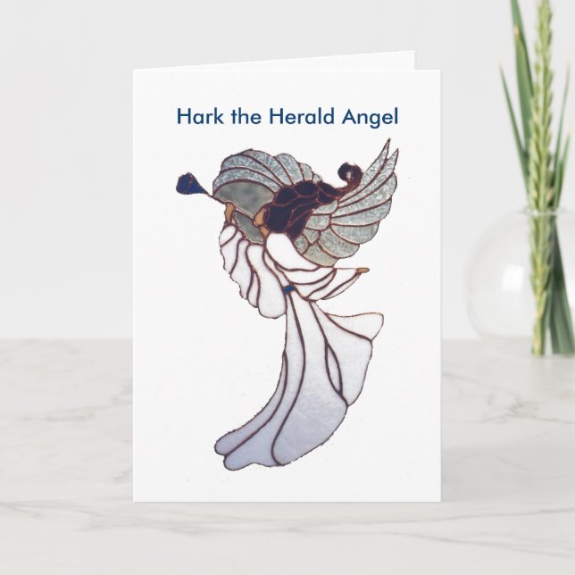Stained Glass Angel - Blue Trumpet Holiday Card (Front)
