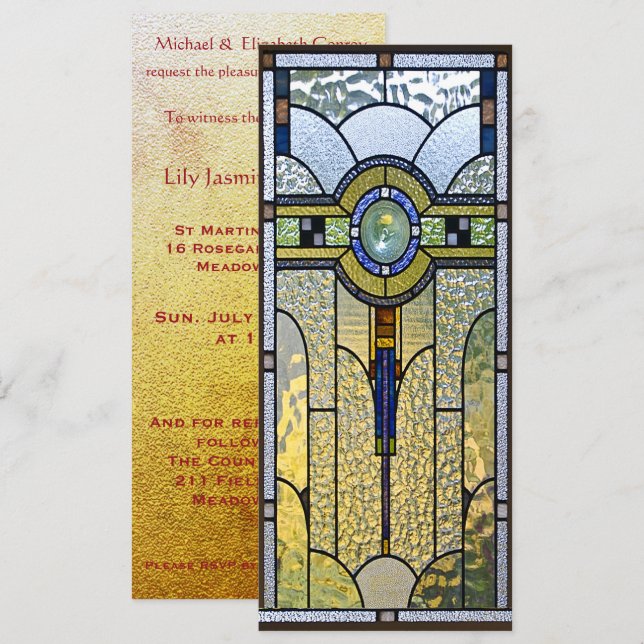 stained glass art deco christening wedding invite (Front/Back)