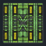 Stained Glass Art Deco in Green and Gold Square Wall Clock<br><div class="desc">A vintage stained glass design in Art Deco style. These leaded and stained glass patterns glow in colours, lemon, yellow, red and green. Light shining through a translucent pane of leaded glass has been an artistic feature in places of worship throughout history.</div>