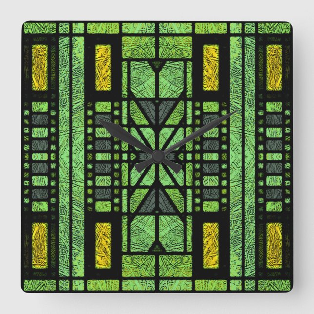 Stained Glass Art Deco in Green and Gold Square Wall Clock (Front)