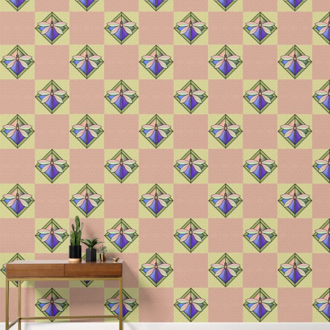 Stained Glass Art Nouveau Butterfly on Pink Yellow Wallpaper (Hallway)