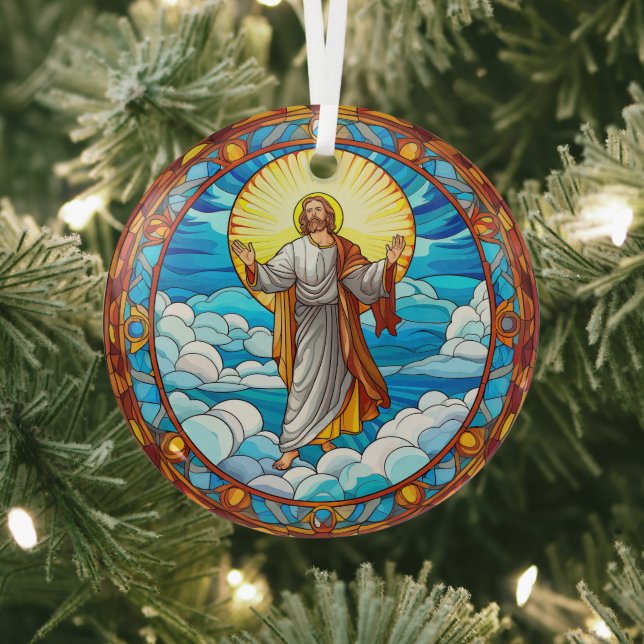Stained Glass Art of Jesus Walking on Clouds Ornament (Insitu)