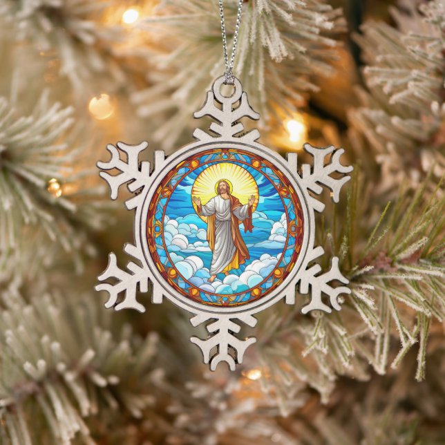 Stained Glass Art of Jesus Walking on Clouds Snowflake Pewter Christmas Ornament (Tree)