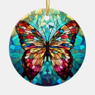 Stained Glass Art, Rainbow Butterfly Stained Glass Ceramic Ornament