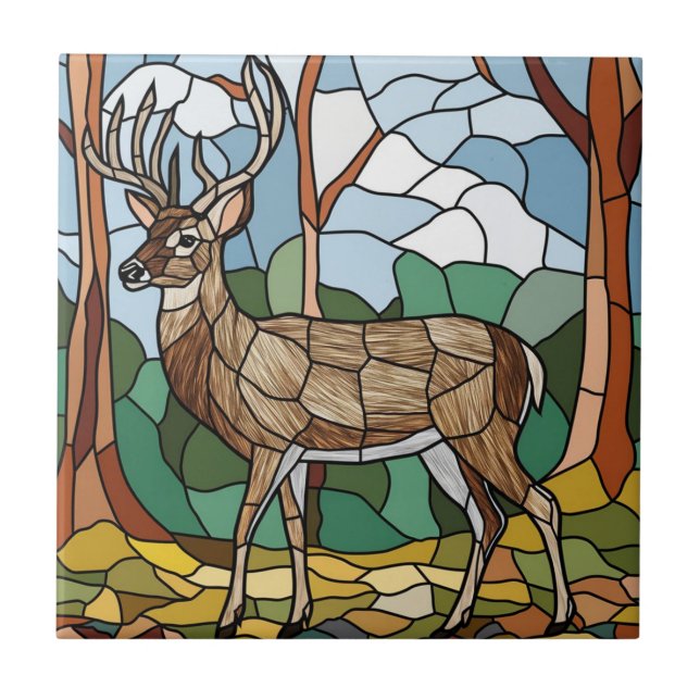 Stained Glass Art, Stained Glass Style Deer Art Tile (Front)