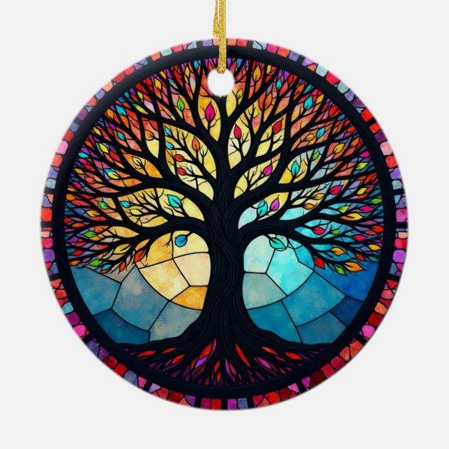 Stained Glass Art, Tree of Life Stained Glass Ceramic Ornament (Back)