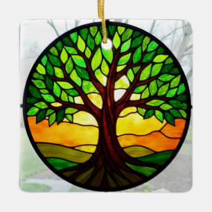 Stained Glass Art, Tree of Life Stained Glass  Ceramic Ornament