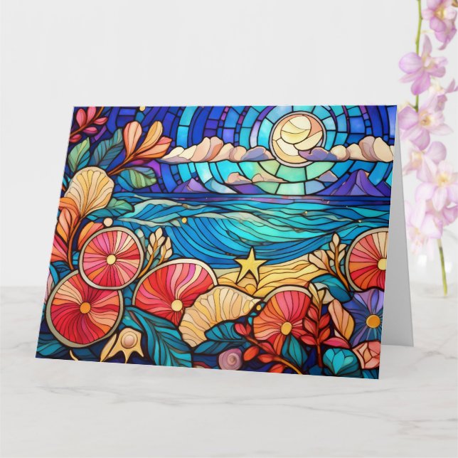 Stained glass art tropical beach card (Orchid)