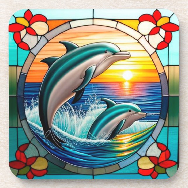 Stained Glass Art with Dolphins Leaping at Sunset Coaster (Front)