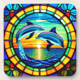 Stained Glass Art with Dolphins Leaping at Sunset Coaster