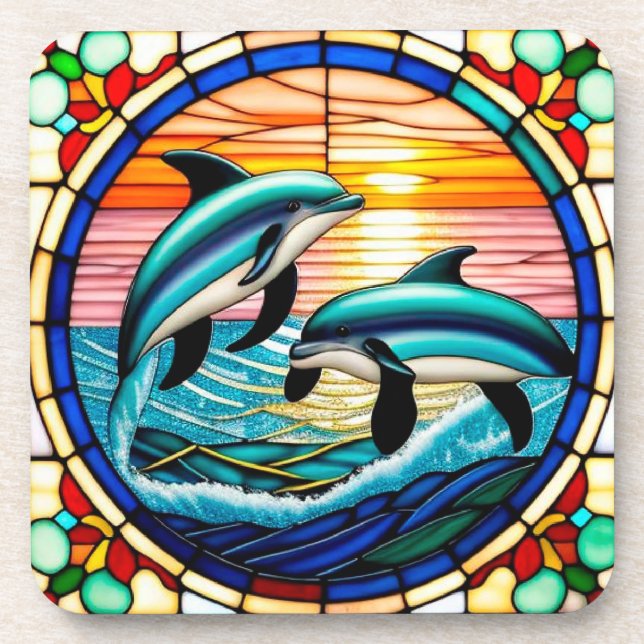 Stained Glass Art with Dolphins Leaping at Sunset Coaster (Front)