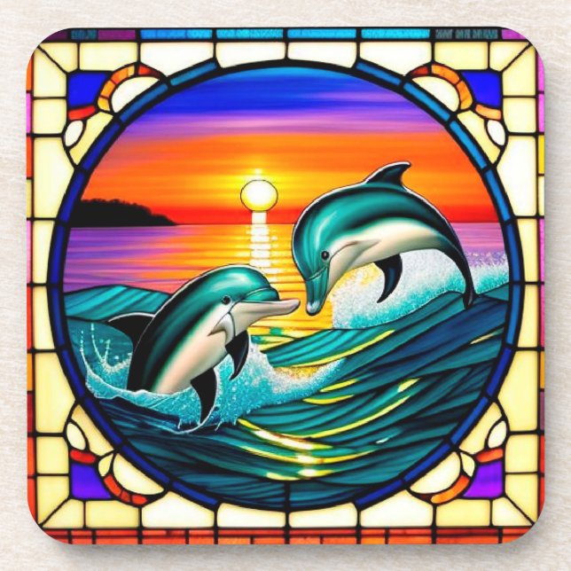 Stained Glass Art with Dolphins Leaping at Sunset Coaster (Front)