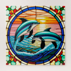 Stained Glass Art with Dolphins Leaping at Sunset Jigsaw Puzzle