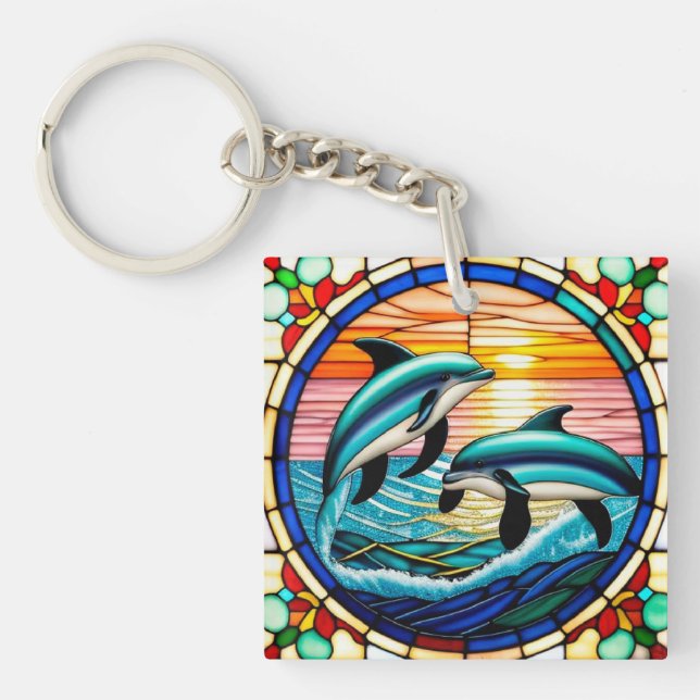 Stained Glass Art with Dolphins Leaping at Sunset Keychain (Front)