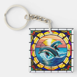 Stained Glass Art with Dolphins Leaping at Sunset Keychain