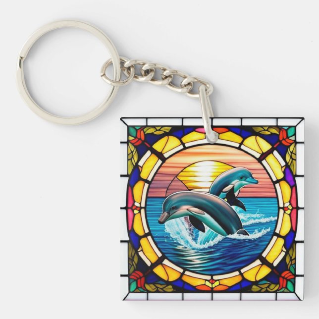 Stained Glass Art with Dolphins Leaping at Sunset Keychain (Front)