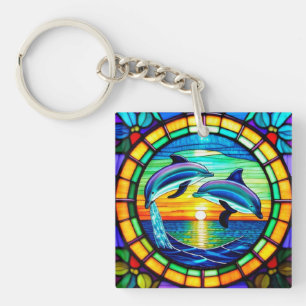 Stained Glass Art with Dolphins Leaping at Sunset Keychain