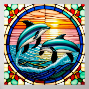Stained Glass Art with Dolphins Leaping at Sunset Poster